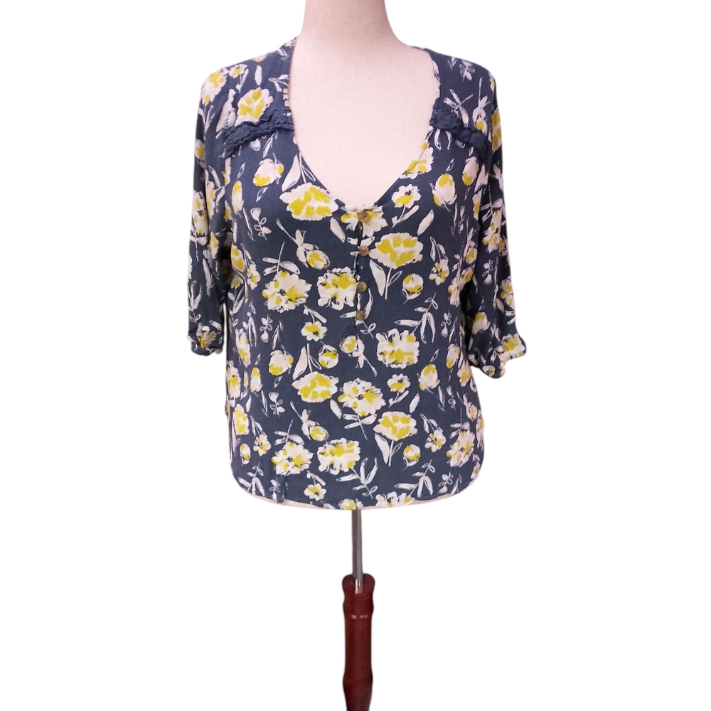 Angels V-Neck Blouse with Yellow Floral Pattern